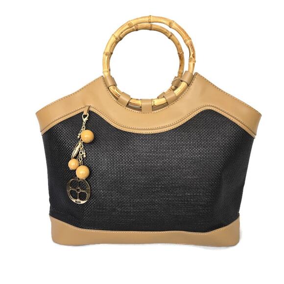 Iman Global Chic Women's Black Straw Tan Vegan Leather Handbag Tote - Picture 1 of 5